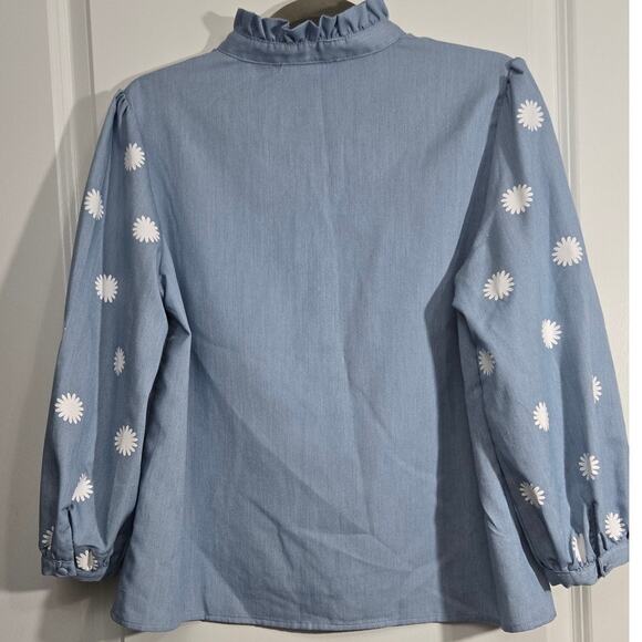 Simplee Women's Large Blue Daisy Floral Puff Sleeve Blouse Ruffle Collar Top - Picture 3 of 7